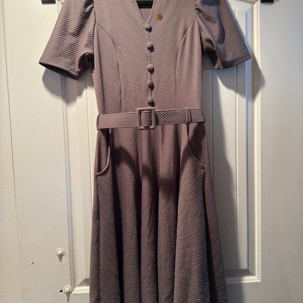 Pink A-Line Puff Sleeve Midi Dress